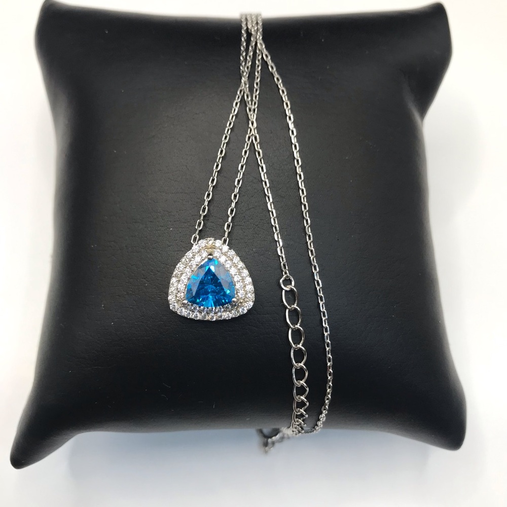 925 Sterling Silver Trillion Cut Blue Topaz and CZ Halo Pendant Necklace 18”